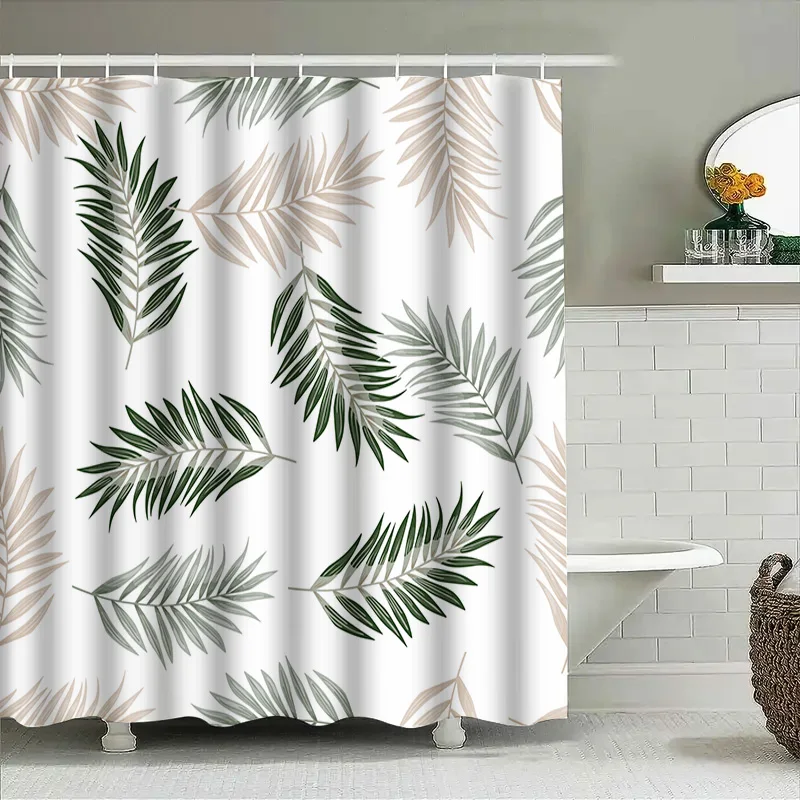 الأخضر يترك دش الستار ديكور المنزل مقاوم للماء الحمام الستائر الزخرفية الأبيض الأخضر الأزهار أحواض استحمام الطباعة دش #4