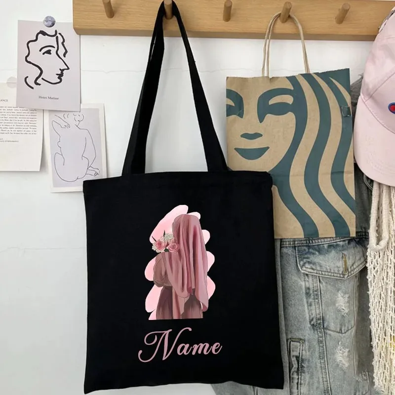 Personalized Eid Al Fitr Tote Bag for Ladies Custom Name Shopping Handbags Large Capacity Travel Luggage Clutch Cloth Totes