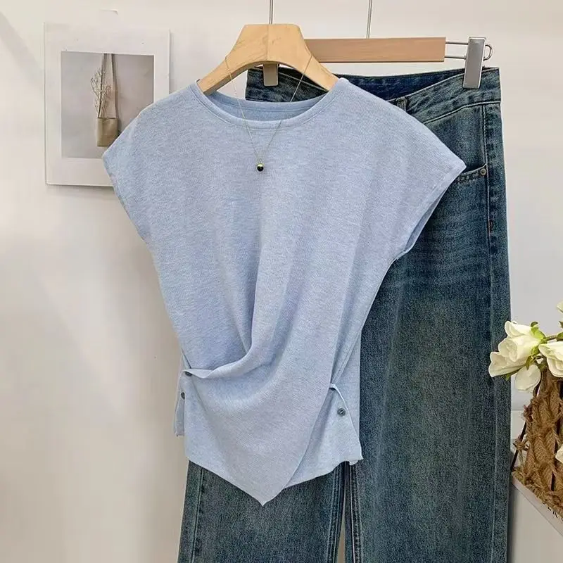 Summer Thin Knitted Shirt Women 2026 New Arrival Round Neck Flutter Shoulder Short Sleeve Slim Fitted Stylish Unique Casual Tops