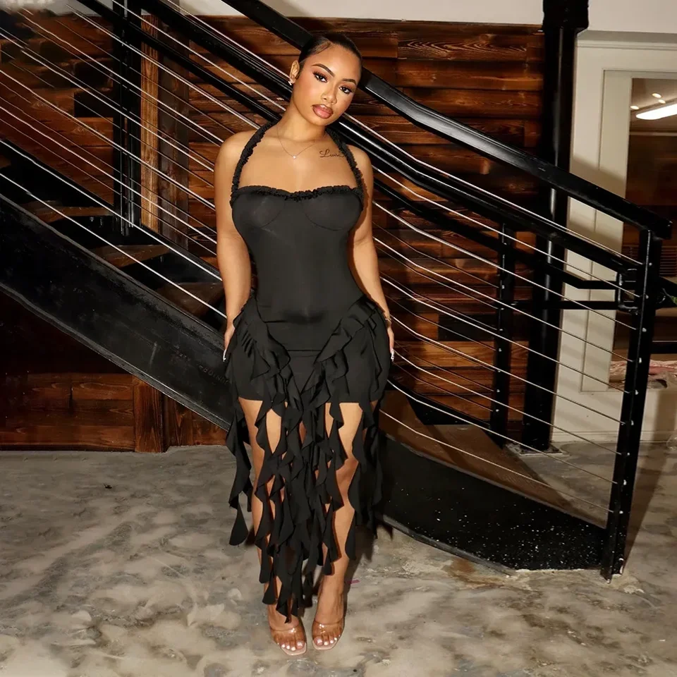 

Women Sleeveless Strapless Halter Long Dress Summer Streetwear Beach Tassel Evening Sexy Night Party Dresses Vestidos