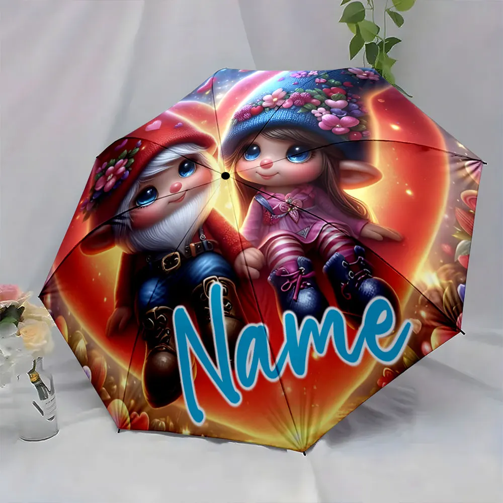Custom Name Cute Cartoon Gnome-Themed Umbrella Design Print 8 Iron Ribs Folding Umbrella, Auto-Open Fashion Sunshade