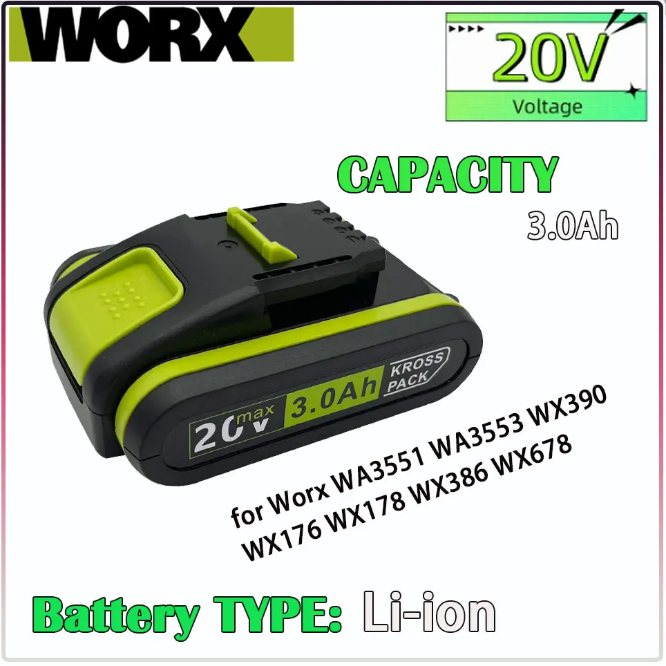 

3.0Ah 20V Lithium-Ion Battery for Worx WA3551 WA3551.1 WA3553 WA3553.2 WA3641 WG629E WG546E WU268 for Worx Power Tools