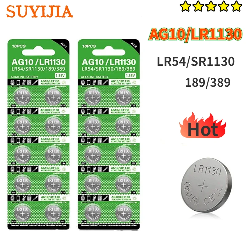 High-Capacity 300PCS 1.5V AG10 LR1130 LR54 389 SR113 189 Button Coin Cell Battery Car Wind Wheel Toys Watch Calculator Batteries