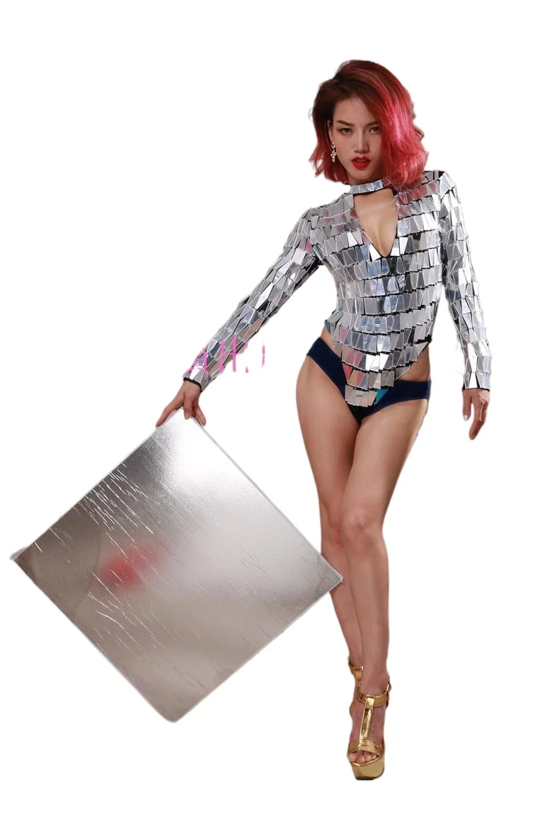 Клубная одежда из блестящей зеркальной пленки, комбинезон с высокой вилкой, комбинезон с длинными рукавами и глубоким v-образным вырезом, одежда для выступлений, женская одежда для выступлений