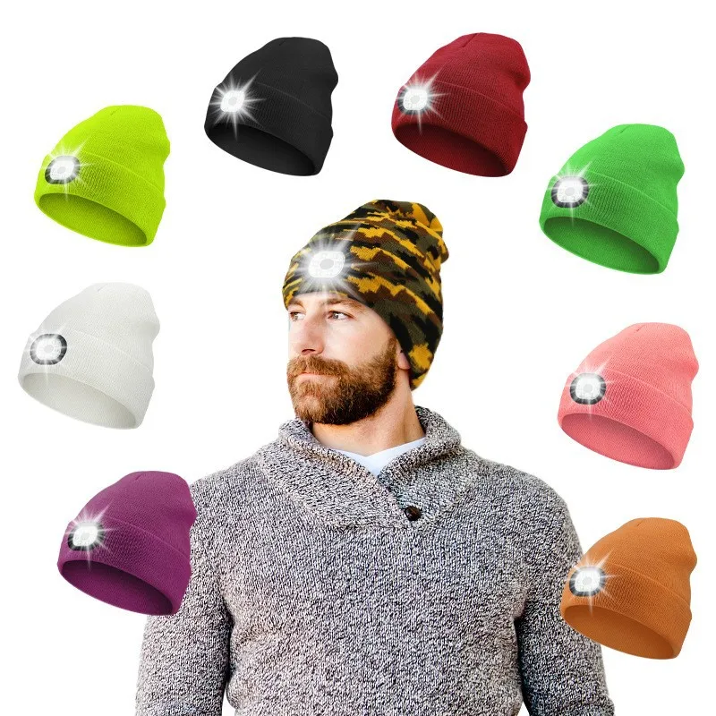 Gorro de invierno para hombre con luz LED, gorro tejido recargable para mujer, gorro para correr de noche, pesca, montar, deportes, gorros para adolescentes