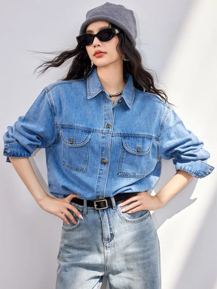 French Blue Denim Shirt For Women, 2024 Autumn And Winter New Item, Versatile And Loose Casual Top With A Collar