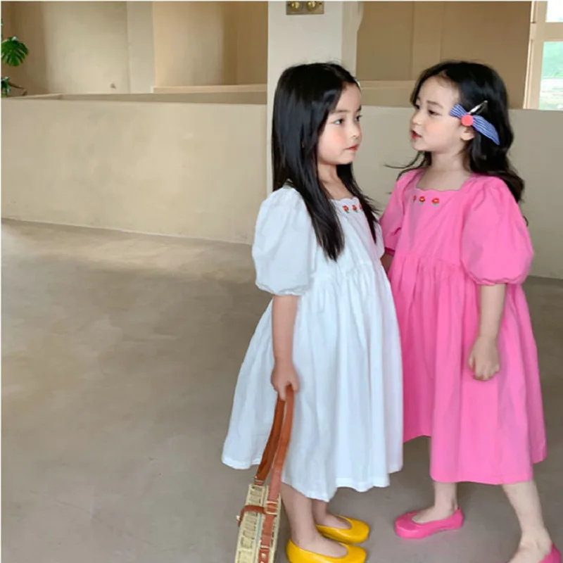 Girls' Dress Embroidered Small Flower Square Neck Princess Dress25Summer New Foreign Trade Children's Wear Delivery3-8Years Old