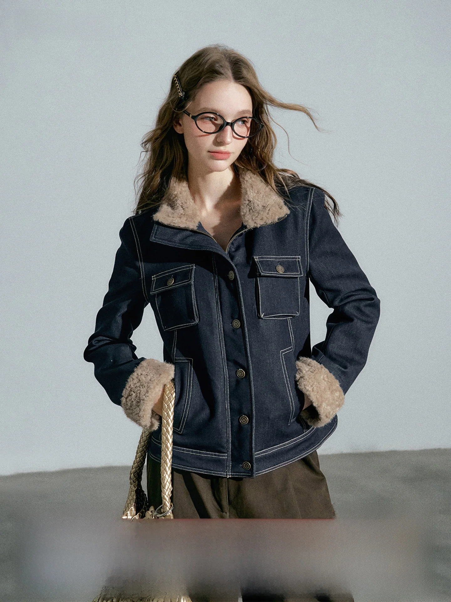 

New Empire2025 Autumn Winter Vintage Turn-down Collar Jaet Top Small Size Faux Denim Cotton Coat Women's Straight Tube Sle