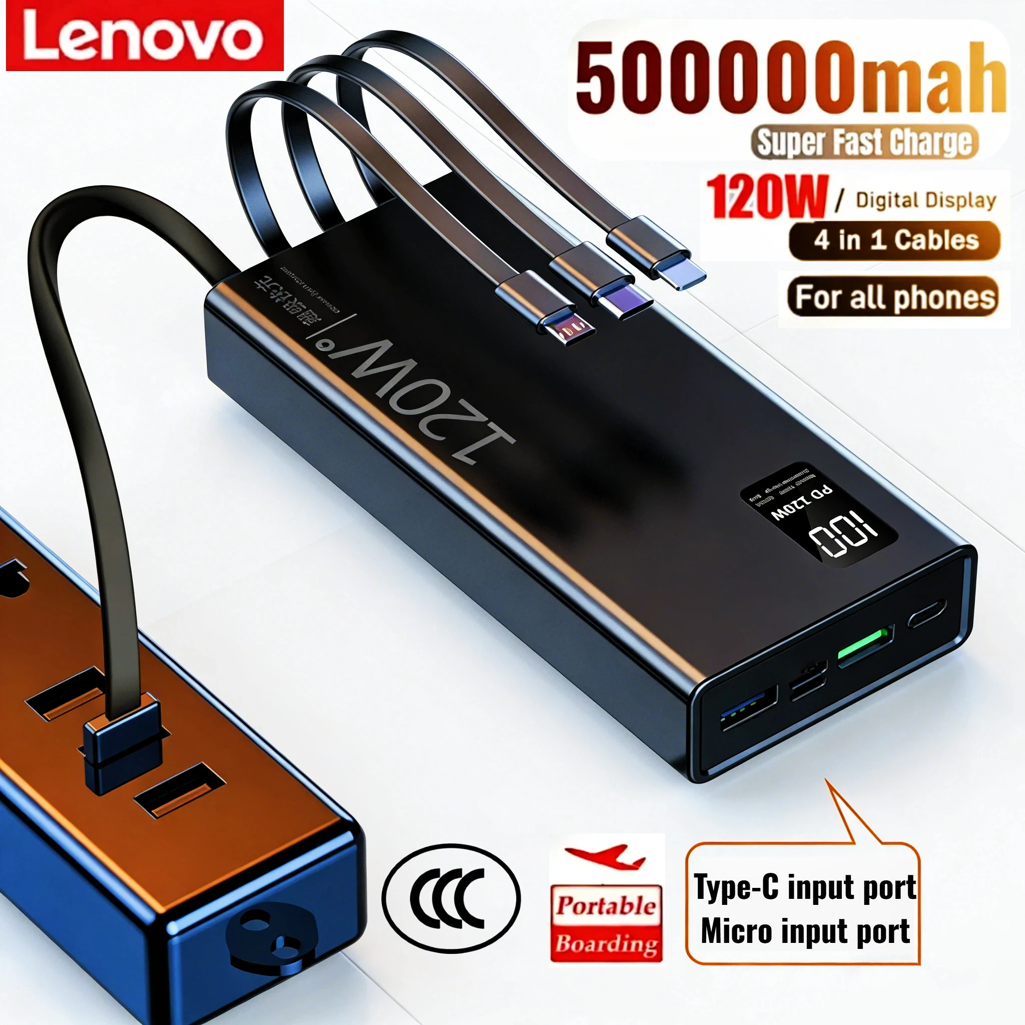 

Портативное зарядное устройство Lenovo 120W Power Bank 200000 мАч, высокая емкость, быстрая зарядка, с портативными кабелями 4-в-1, портативное зарядное устройство для iPhone Samsung
