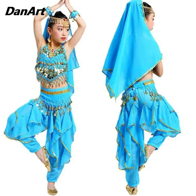 

3PCS Indian Belly Dance Practice Costume Set Girls Belly Pocket Top+Swivel Pants Halloween Performance Outfit Princess Clothing