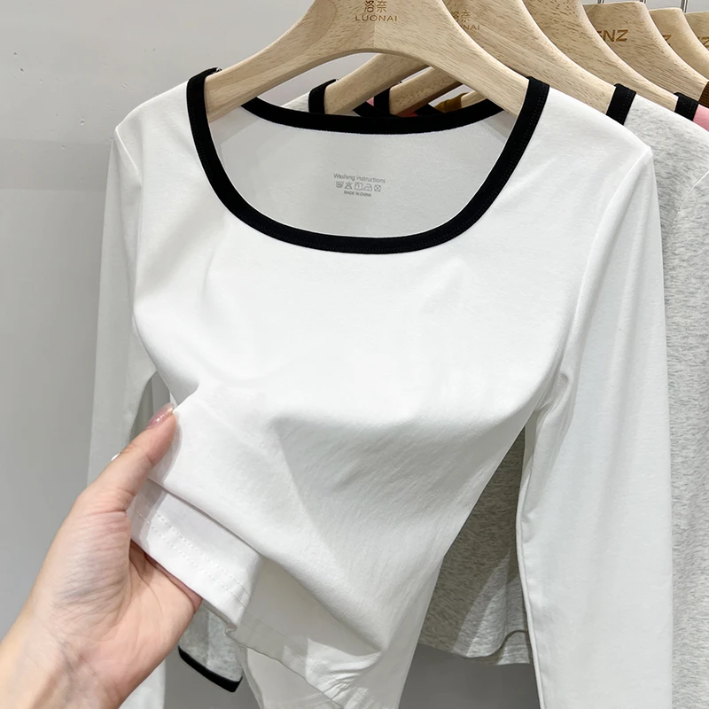 Zjaiss New Square Collar Color Blocking Women T-Shirt Casual Long Sleeve Women TShirt Korean Style Simple Base Layer Crop Tops
