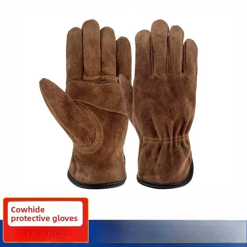 Outdoor Camping Barbecue Gloves Cowhide Leather Warm Gloves Heatproof Fire Resistant Mittens for Hiking Cooking Baking Picnic