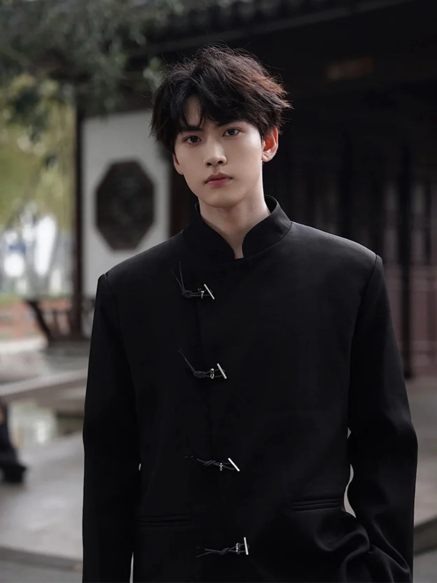 

New Chinese Sle Men's Jaet oulder Pads Slant Lapel Wedding Youth Faion Stand Fit Autumn Spring Outerwear Coat