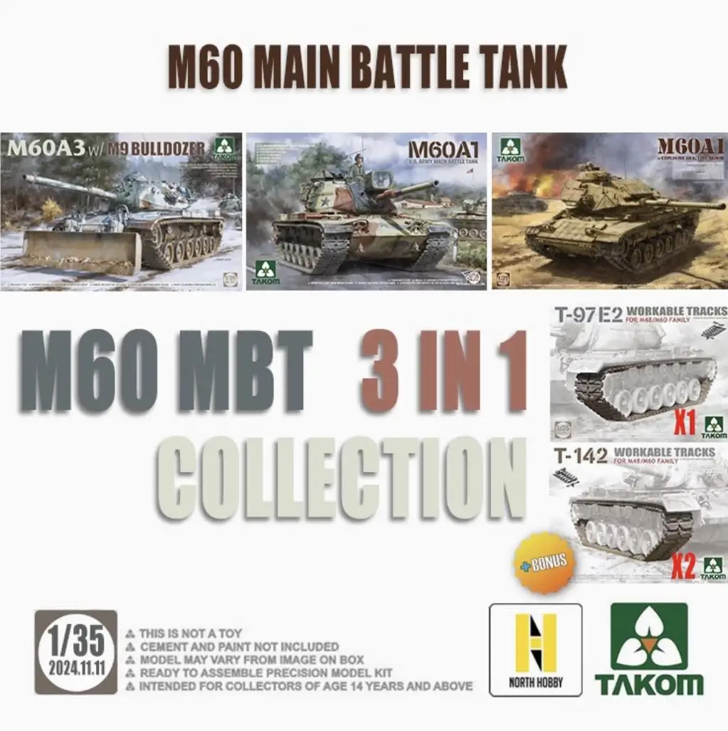 TAKOM 2113/2132/2137 Juego de tanques de batalla principal M60 a escala 1/35 + Bonus 3 juegos de pistas (2163*1 y 2164*2) Kit de modelo