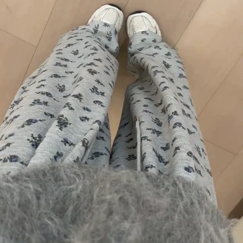 Pantaloni Casual sportivi floreali vintage americani da donna autunno e inverno Design Sense pantaloni larghi e pigri dritti a gamba larga