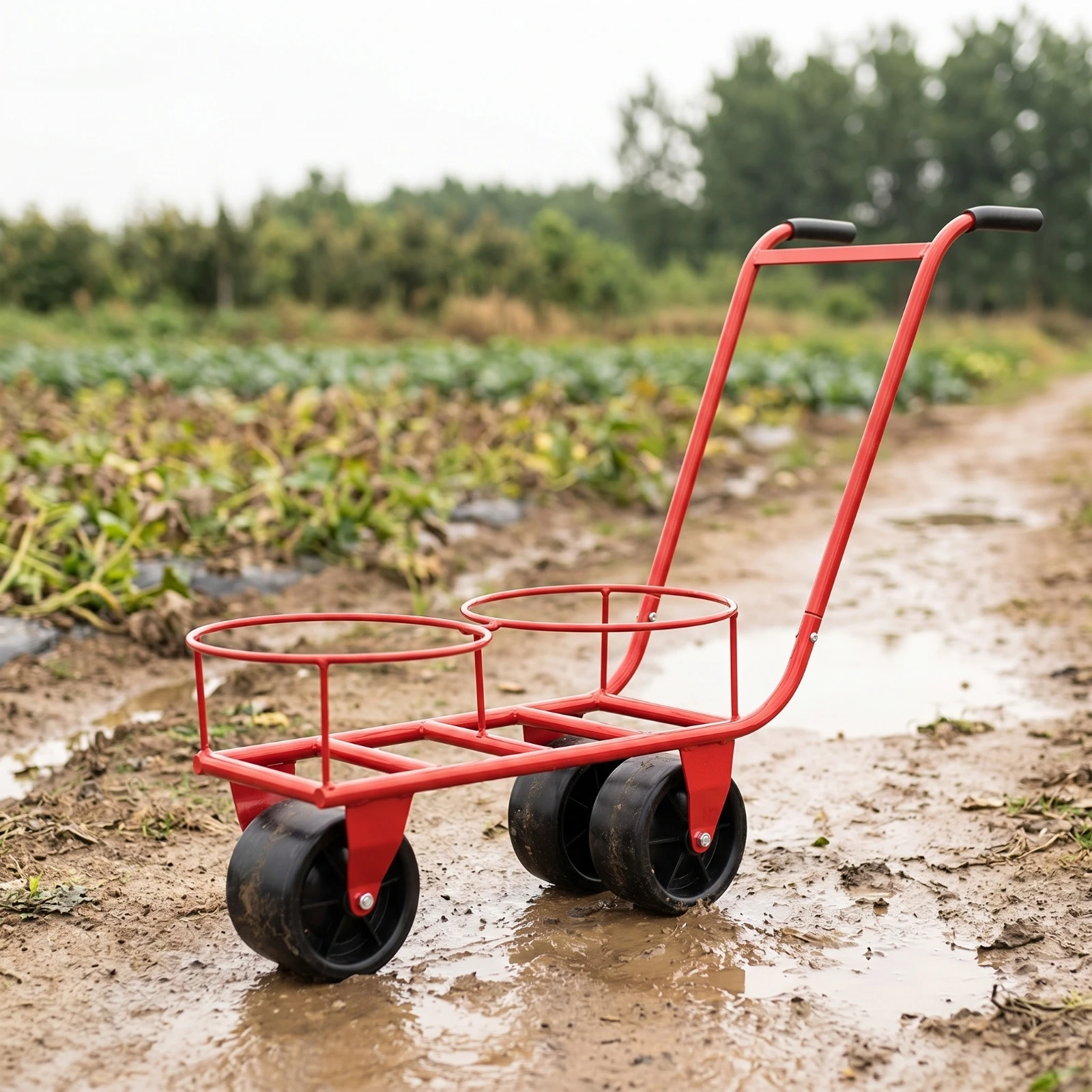 Wheeled Harvest Trolley Cylindrical Produce Pickup Cart for Growers, Greenhouse, Field