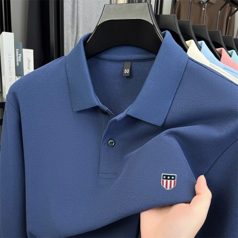 100% Cotton Autumn Men's Long-Sleeved Pullover Polo Shirt Lapel Button High Quality Stamp Fashion 21 Color Options New Mens Tops