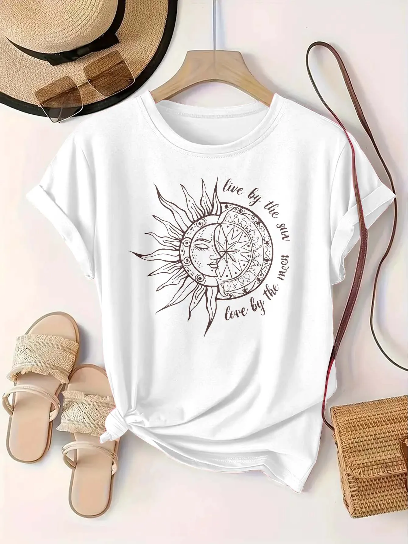 

Plus Size Women s T Shirt Featuring Sun Moon Design and Inspirational Phrase Stylish Graceful Apparel