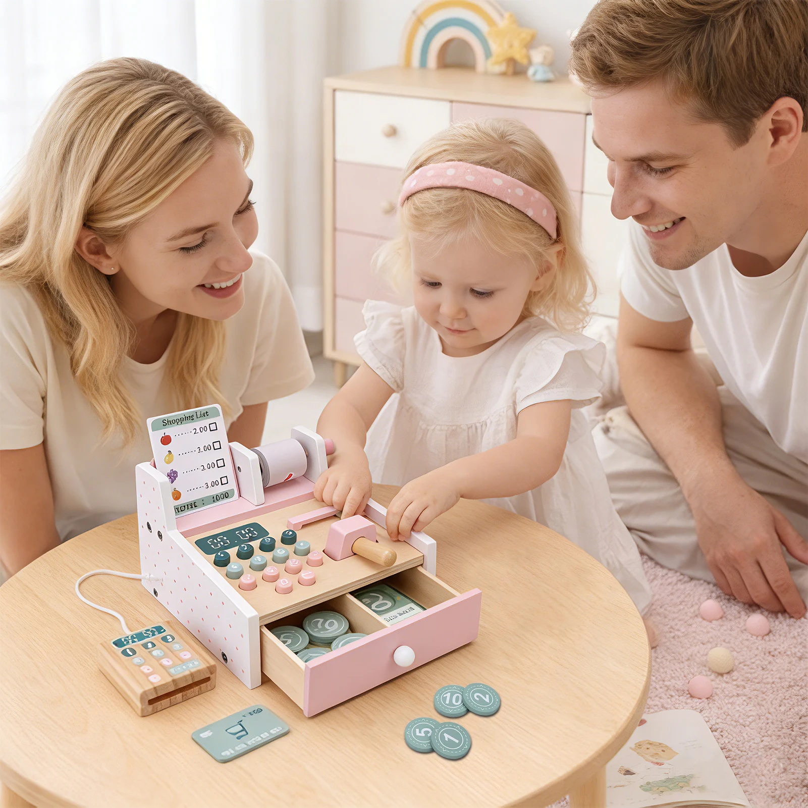 Portable Wooden Store Cash Register Wooden Toy Cash Register with Scanner Math Learning Role Play Cashier Game Set for Kids Pink