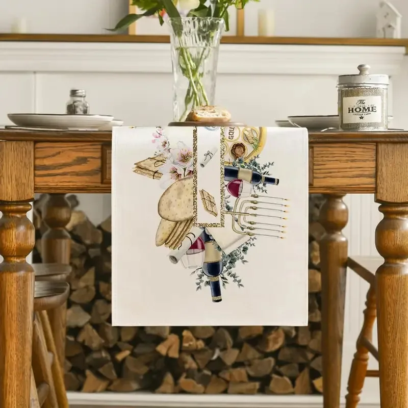 VIKAMA Passover Unleavened Bread Wine Linen Table Runner Jewish Festival Table Decoration Table Banner Home Table Decoration