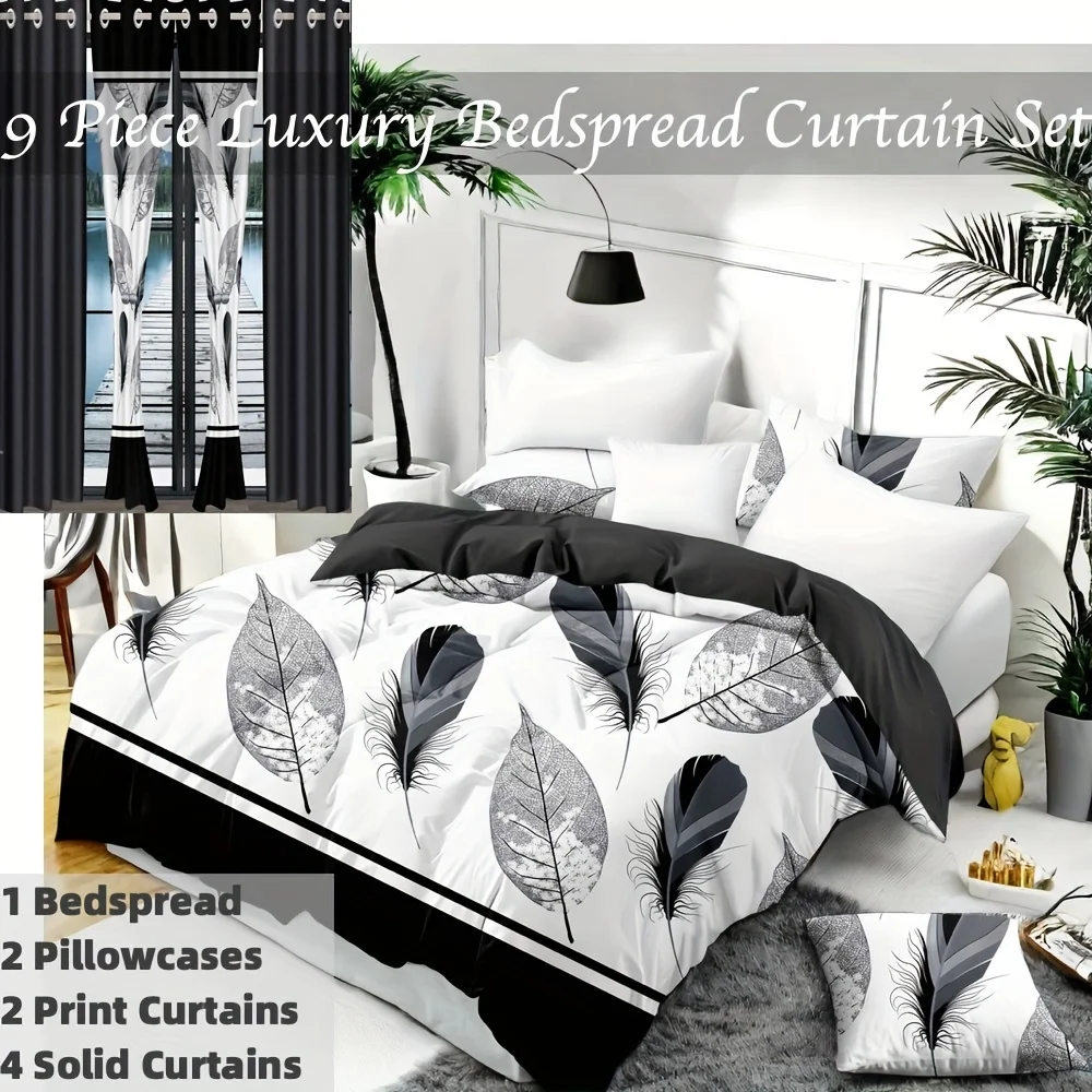 

9pcs Thick Bamboo Microfiber Bedspread & Curtain Set - Luxury Hypoallergenic All-Season Bedding Suitable for All Bed Types, Soft Bed Cover with Gift Bag (Machine Washable) - Christmas/Halloween Gift for s &