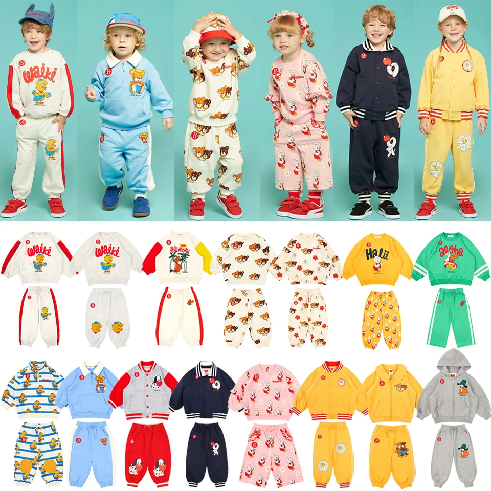 New 2025 Korean Spring Boys Cartoon Hoodies Trousers Suit Girls Cute Sweatshirt Pants Kids Children Outwear Clothes Set