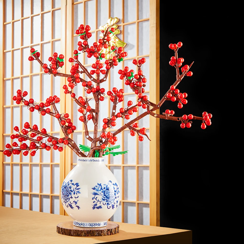 MOC Plant Series 2-in-1 pruimenbloesem en hulst met vaas bouwstenen set, boeket ornament model, verjaardagscadeau voor meisjes