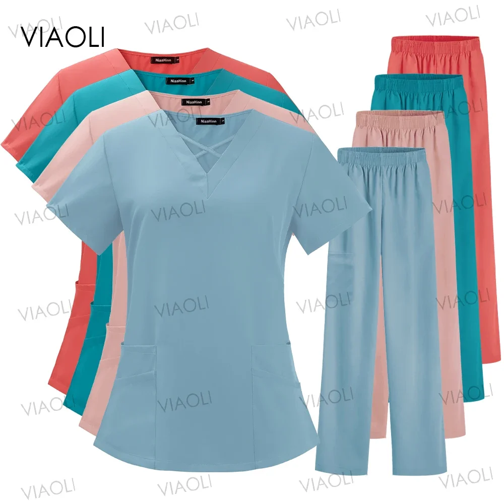 Mulheres Enfermagem Scrubs Set, Beleza SPA Uniformes, Pet Clinic Store, Veterinária Odontologia Trabalho Roupas, Enfermeira Médica Cirúrgica Top e Calças