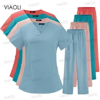 Conjunto de batas de enfermería para mujer, uniformes de SPA de belleza, tienda clínica de mascotas, ropa de trabajo de odontología veterinaria, enfermera médica, Top quirúrgico + Pantalones