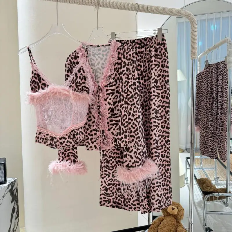 

Sexy Leopard Lace Pajamas Women Spring New Ice Silk Sleepwear Korean Style Heart Homewear Long Sleeve Nightwear Set