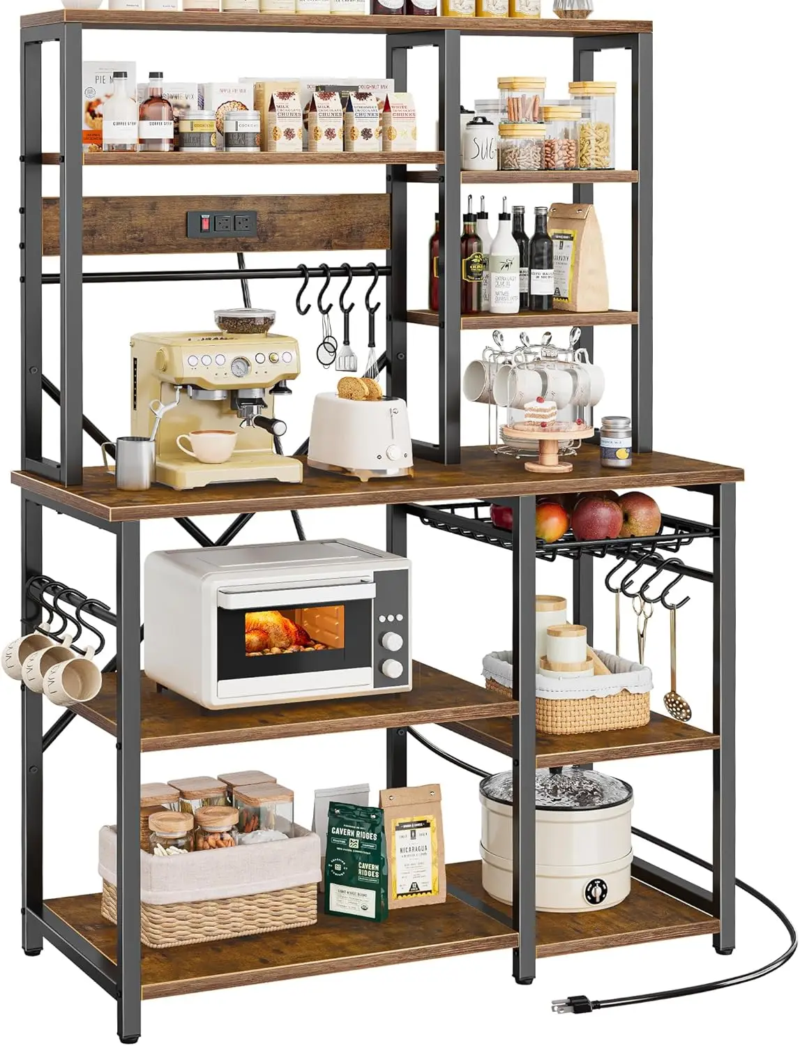 

SUPERJARE Large Bakers Rack with Power Outlets, 6-Tier Microwave Stand, Coffee Bar with 12 S-Shaped Hooks, Kitchen Shelf