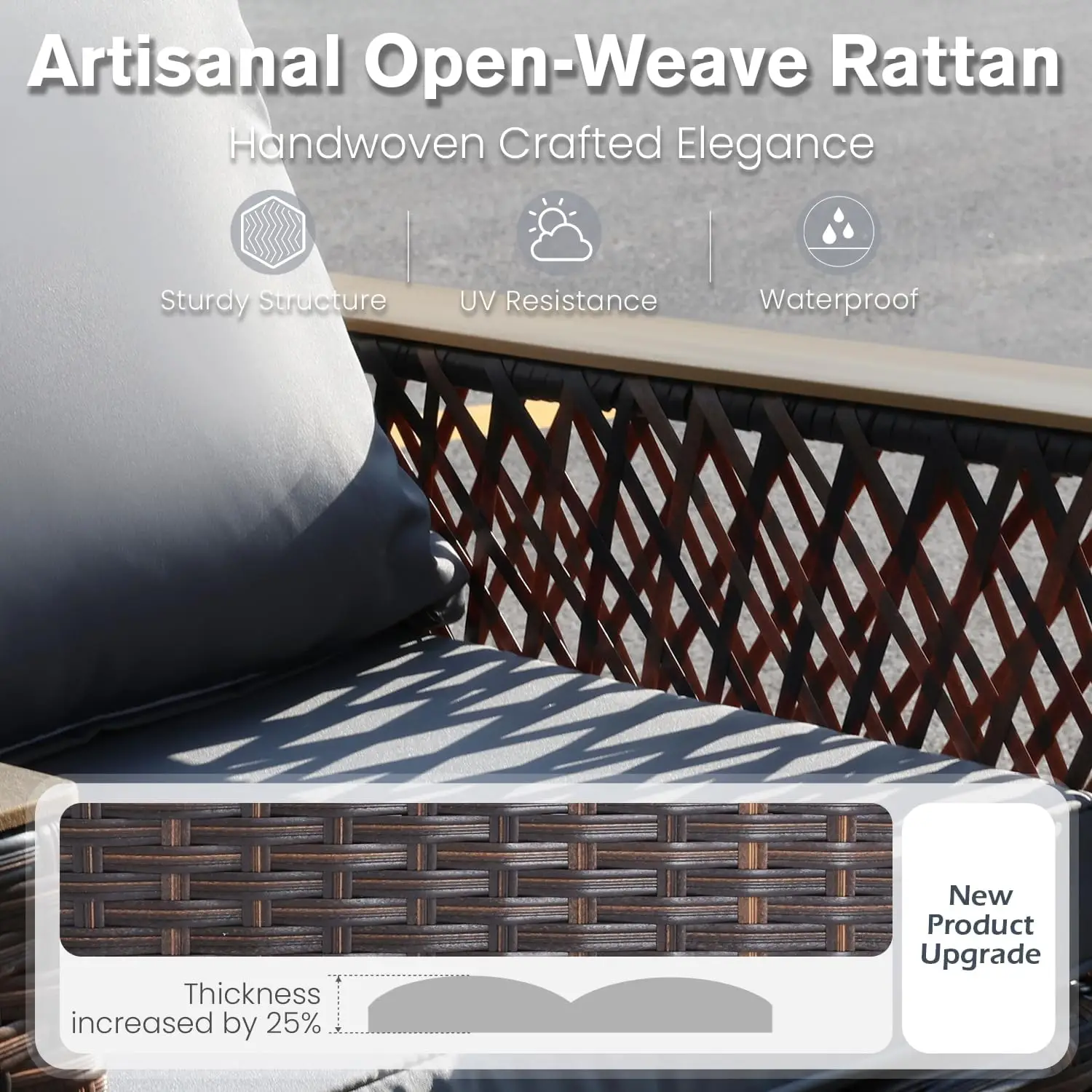 طقم فناء هزاز دوار خارجي مكون من 3 قطع مع طاولة، وخوص مناسب لجميع الأحوال الجوية، ووسائد سميكة، وظهر مرتفع للحديقة والفناء الخلفي