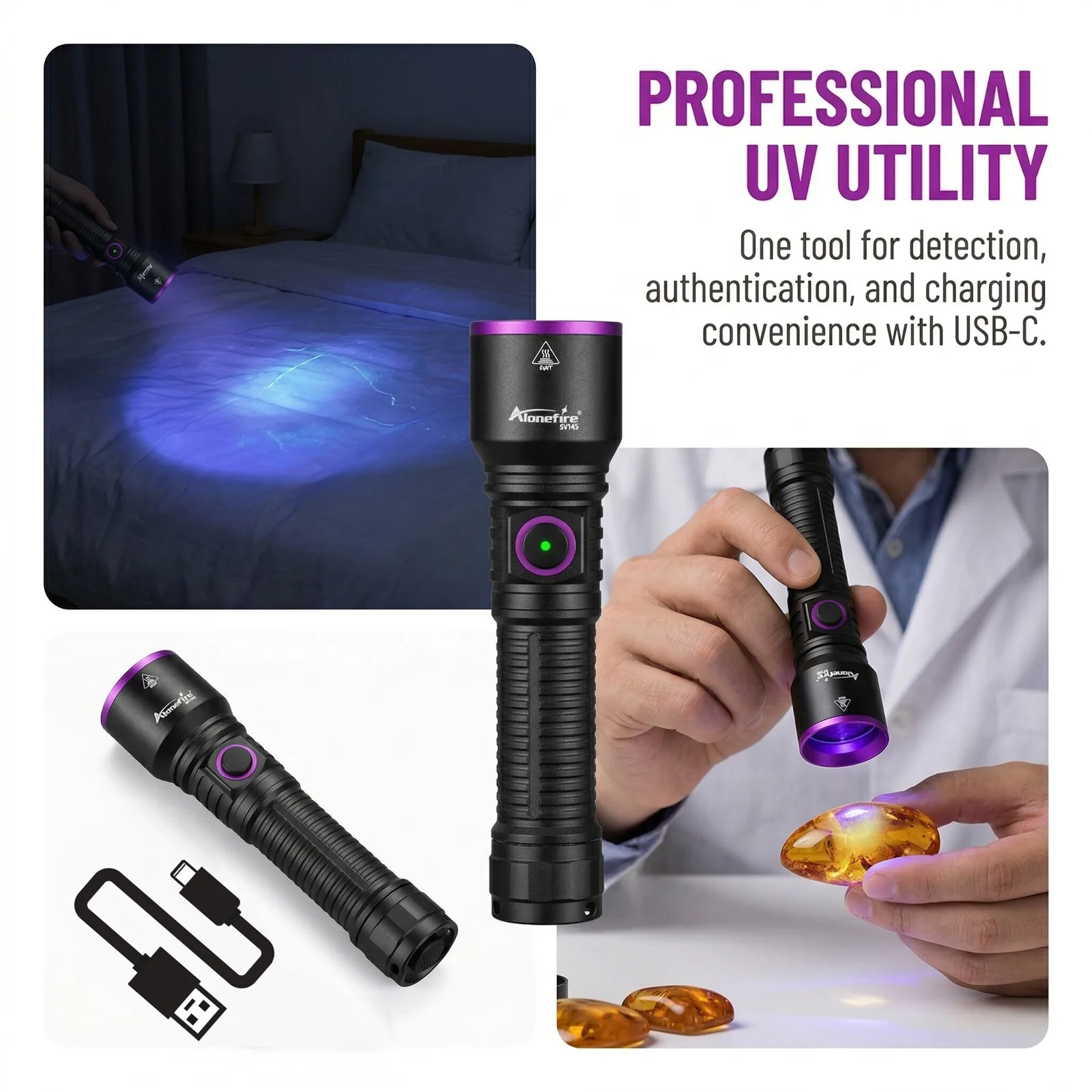 365 NM Schwarzlicht UV LED Taschenlampe Wiederaufladbar Hochleistungs-Fackel für Haustier-Urin, Tinea, Geld, Porzellan, Erz, Jade, Skorpion-Lampe