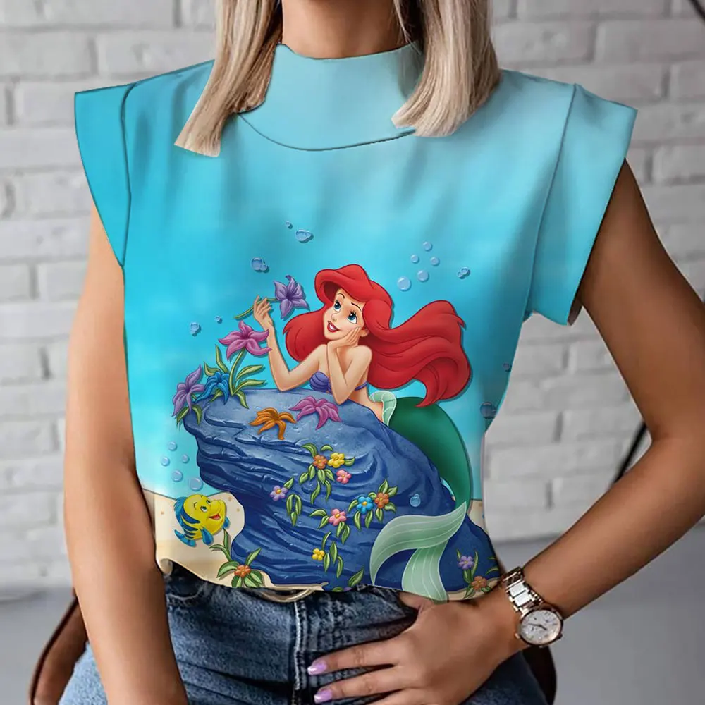 Street Style Summer New Casual Versatile Ariel Mermaid Cartoon Print Women's High Neck T-Shirt Fashion Vest 2024