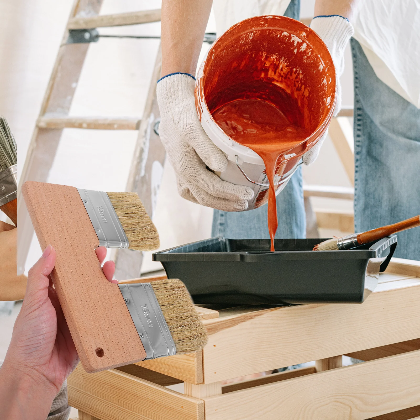 

Art Paint Brush Natural Pig Bristle Double Headed Flat Paddle Design For Oil Painting Wall Canvas Artists Supplies