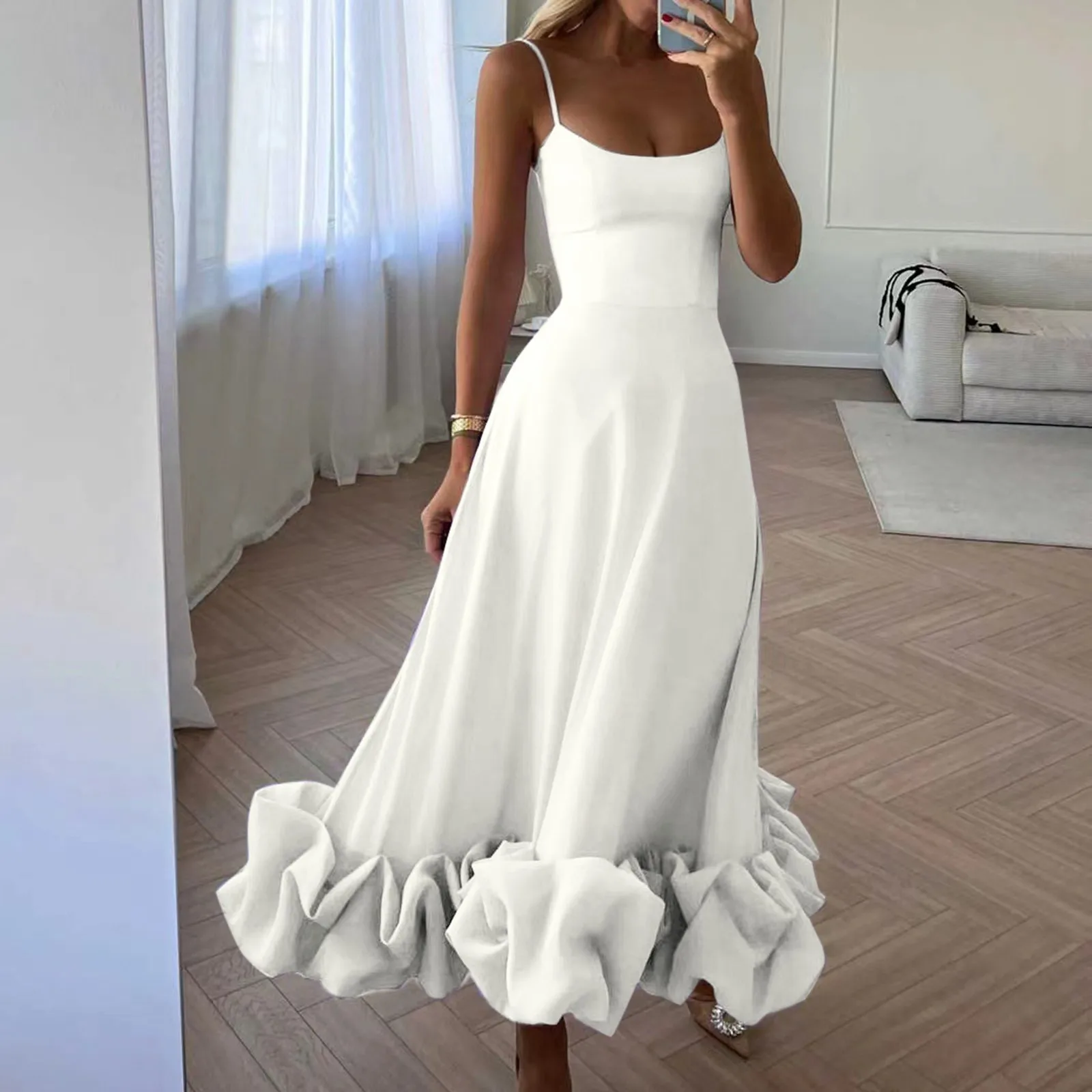 Elegant Ruffle Solid Sling Long Dress Women Strap Waist Party Dresses Fashion Sleeveless Backless Beach Swing Skirt A-Line Tutu