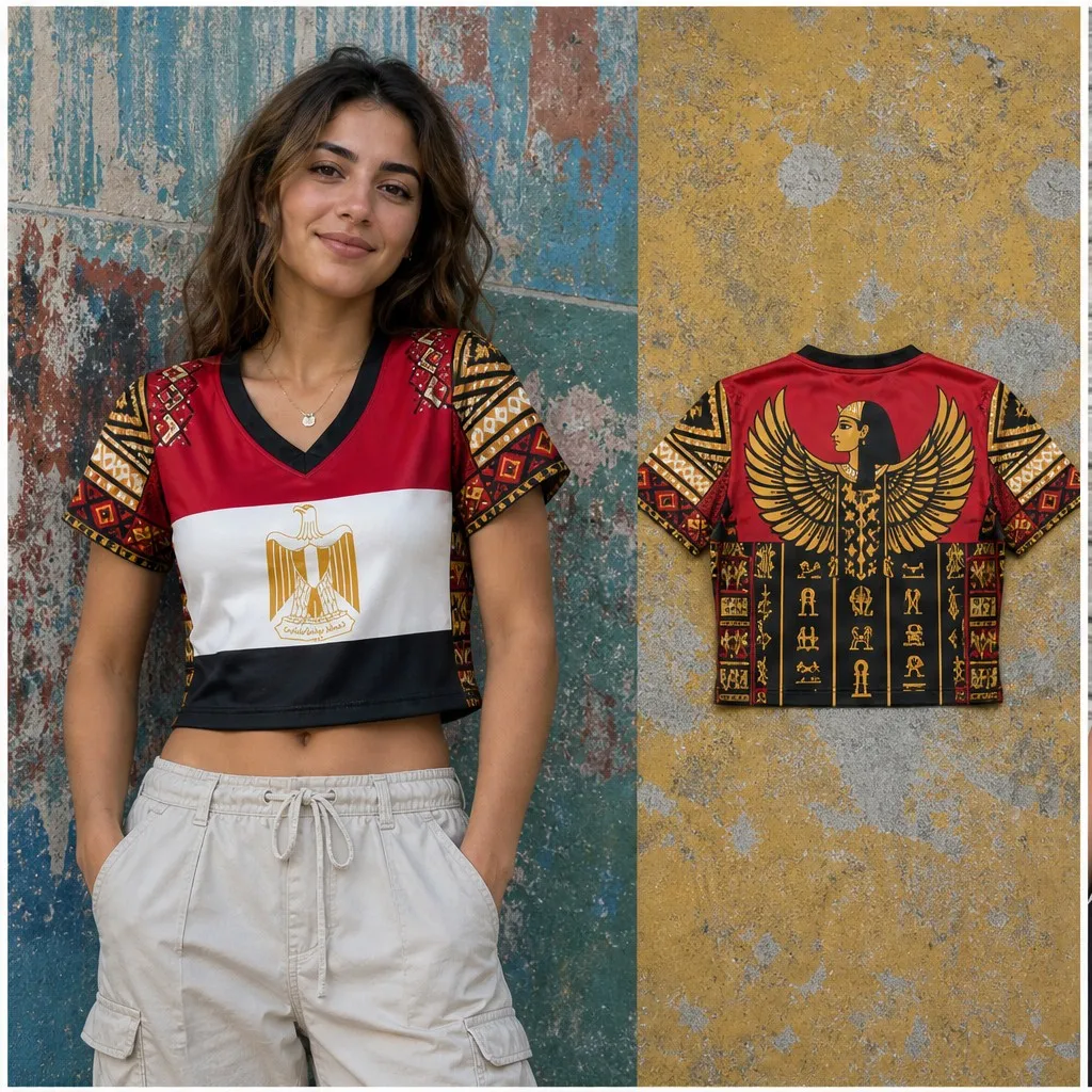 Womens Egypt Flag Eagle Goddess V Neck Cropped Short Sleeve T Shirt Ancient Symbol Graphic Casual Summer Streetwear Fashion Tops