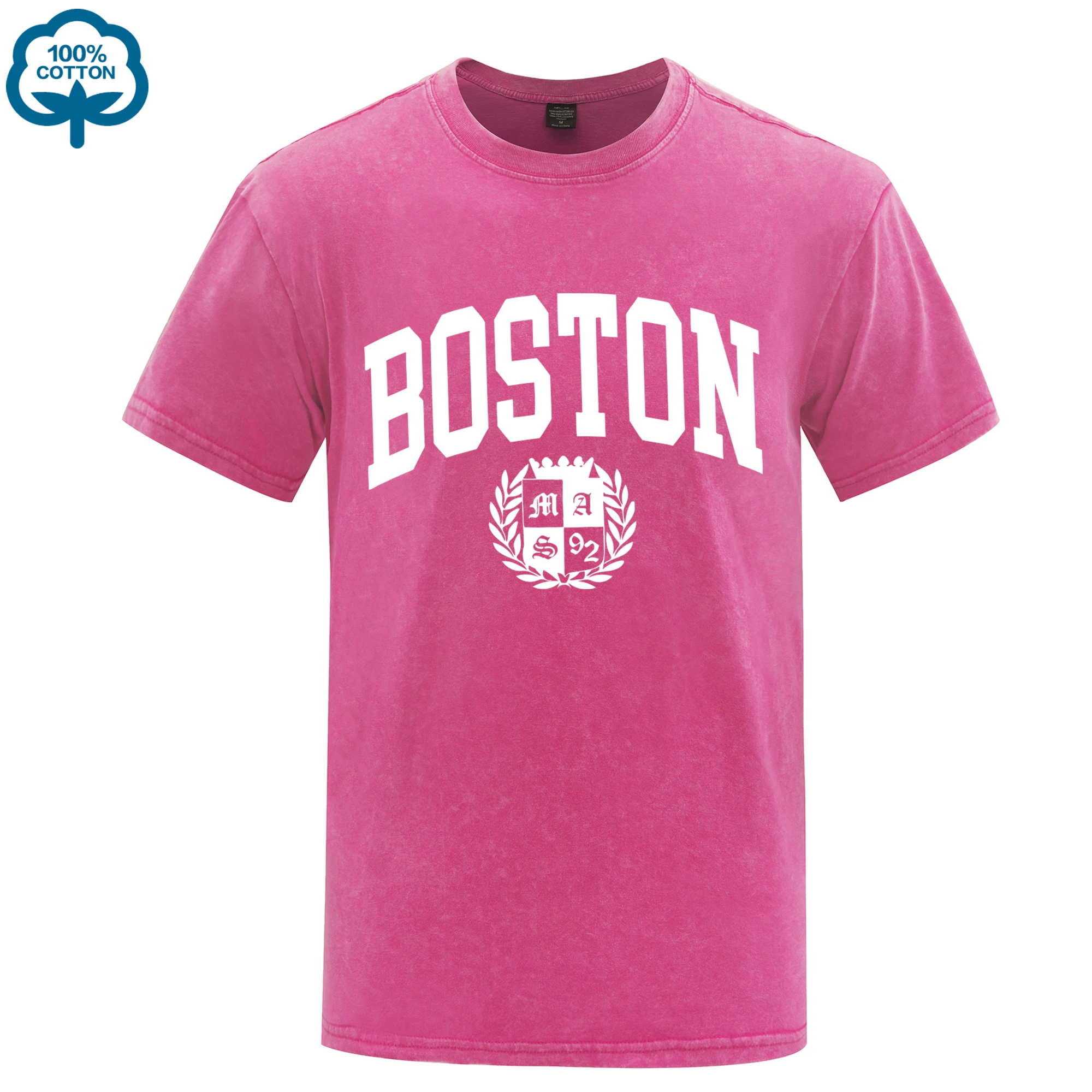 

Usa Boston City Art Letter Printed Washed T Shirts Men Summer Cotton T Shirt All-Match Casual Short Sleeve Soft Loose Streetwear