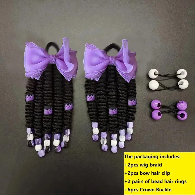 2set/ Pack Braided Ponytail Hippie Afro Hair Extensions,Beads Crown Buckle Decor Twist  Hair Bows Synthetic Wig for Black Girls