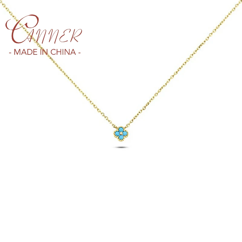 CANNER Real 925 Sterling Silver Diamond Turquoise Flower Pendant Necklaces Chain for Women Wedding Jewelry Gifts Collares Choker