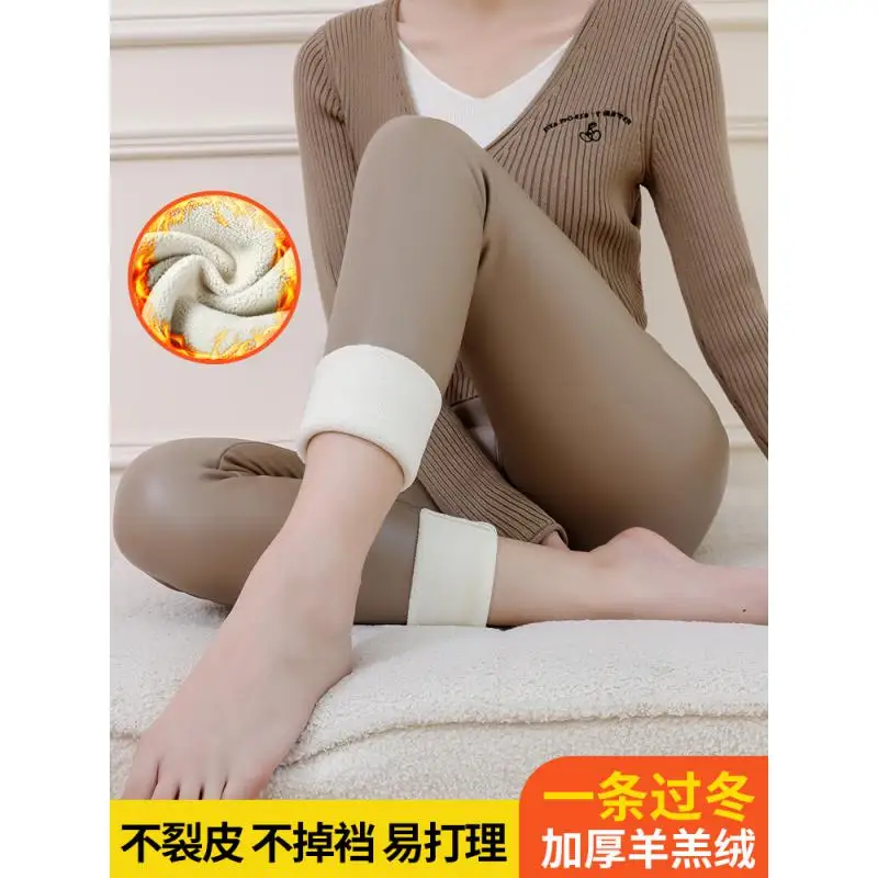 PU Super Quality Winter Women Large Size Khaki Leather Pants Lamb Velvet Leggings High Waist Fleece Lined Windproof Thickened