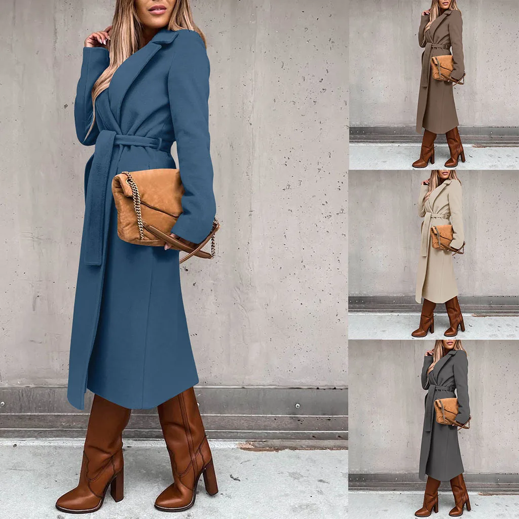 

Autumn and winter Europe and the United States cross-border women's casual long solid color warm coat new long trench coat stree
