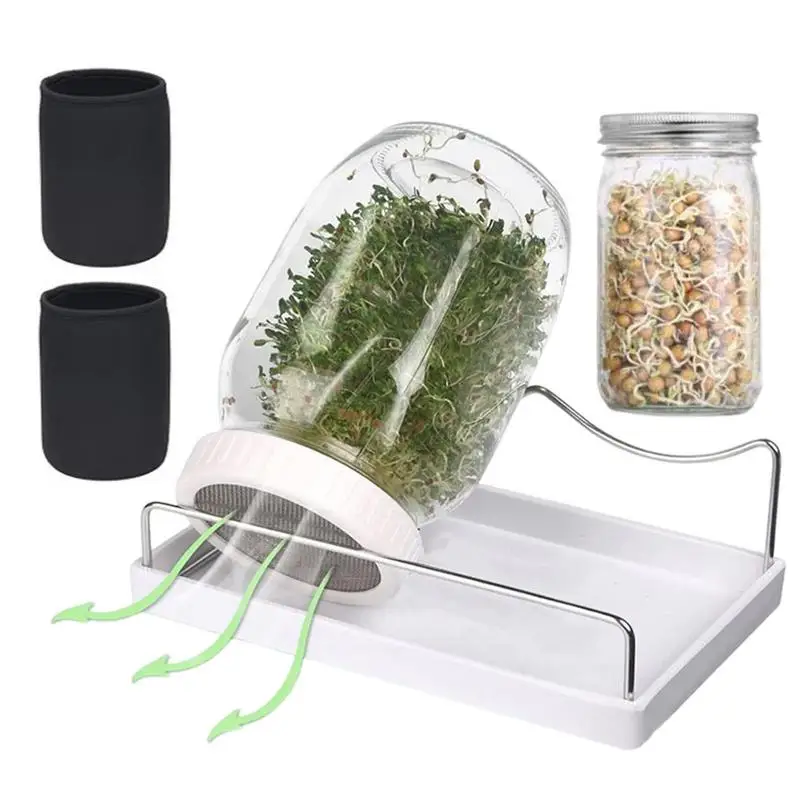 

Seed Sprouting Jars Wide Mouth Glass Mason Jar Set With Stainless Steel Lids Blackoutt Sleeve And Drip Tray For Seed Germination