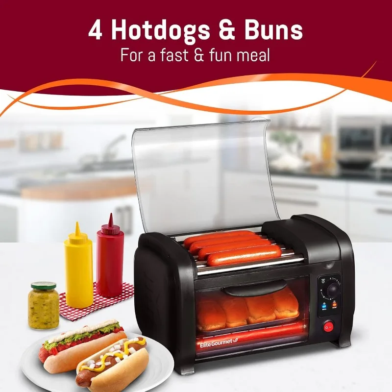 Elite Gourmet EHD-051B Hot Dog Toaster Oven, 30-Min Timer, Stainless Steel Heat Rollers Bake & Crumb Tray, World Series Baseball