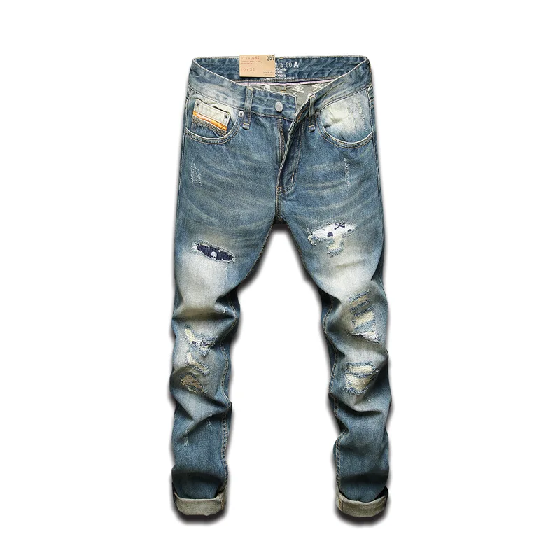 Fashion Vintage Men Jeans High Quality Retro Blue Straight Patched Ripped Jeans Men Skull Embroidery Designer Denim Pants Hombre
