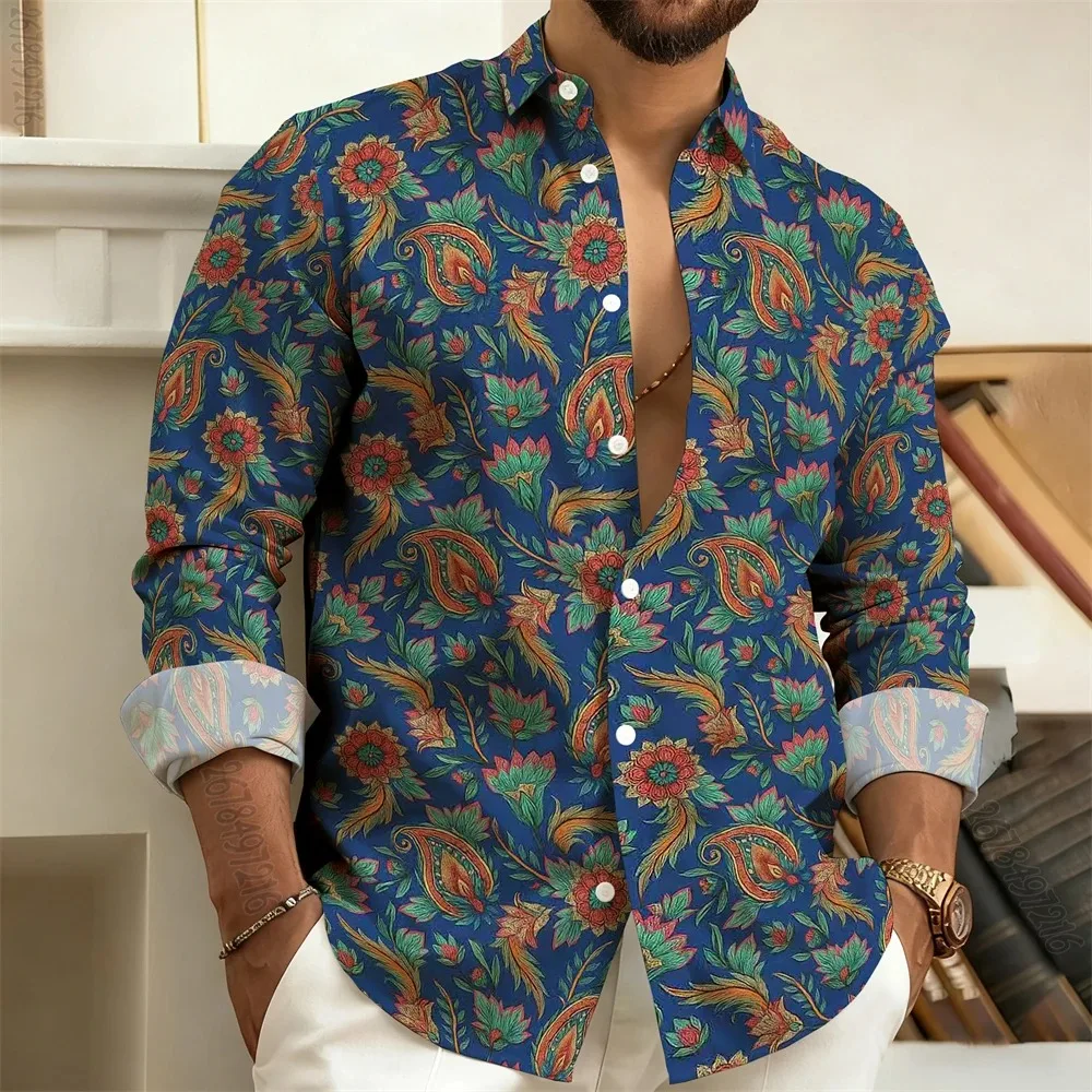 2026 New Men's Long-Sleeved Shirt with Paisley Cashew Pattern Print, Vintage, Comfortable, and Stylish Casual Men's Lapel Top