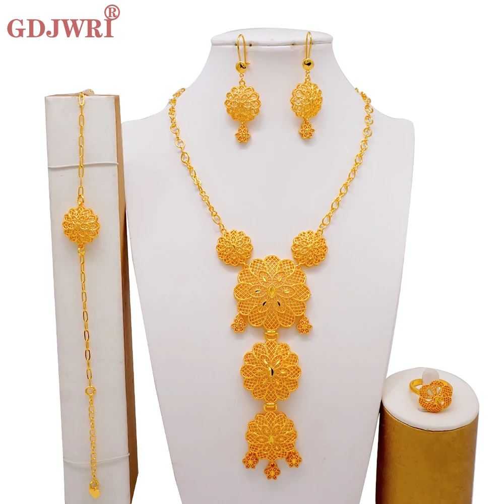 Dubai Gold Color Round Pendant Necklace Bracelet Earring Ring Set Arabic Ethiopian Nigerian Wedding Party Copper Jewelry