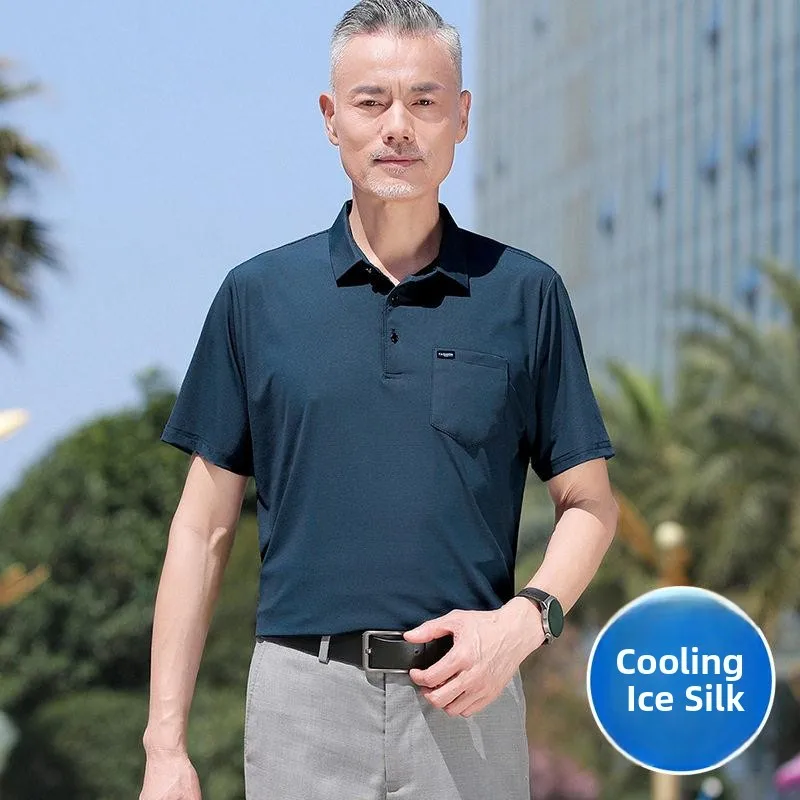 

New 2024 Ice Silk Quick Dry Cool Short Sleeve Business Dad Shirt Loose Fit Modern Style Thin Material Pure Color Home Wear