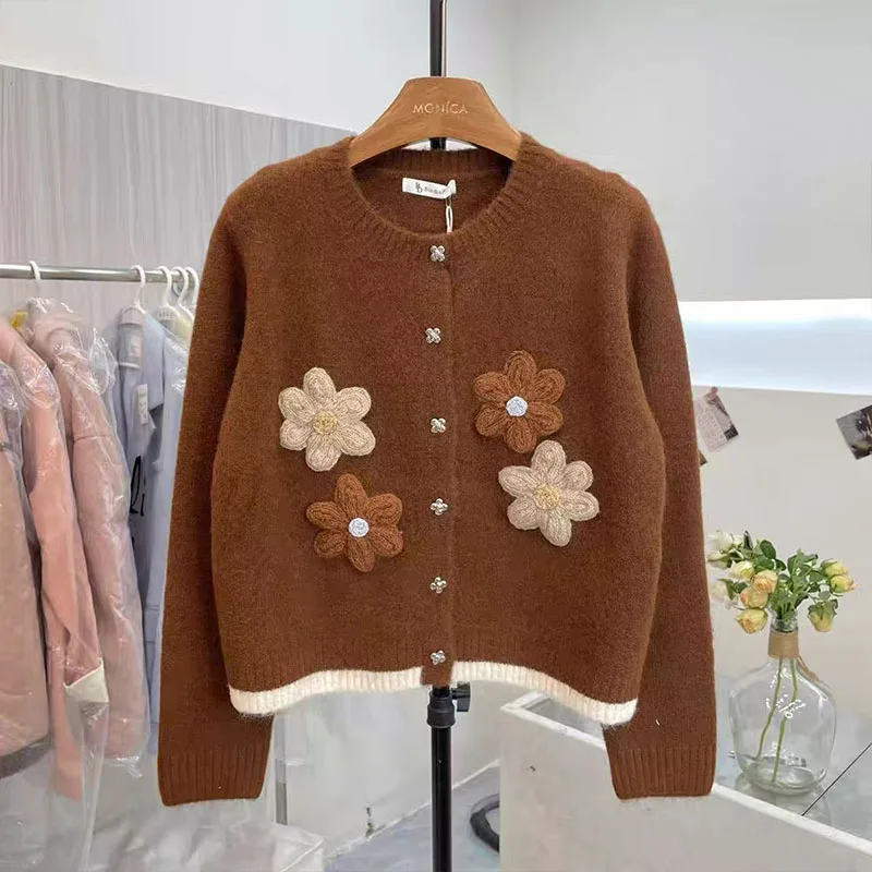 

Women Clothing Floral Embroidery Loose Warm O-neck Sweaters Autumn Winter Vintage Chic Button Soft Wool Knitted Cardigan