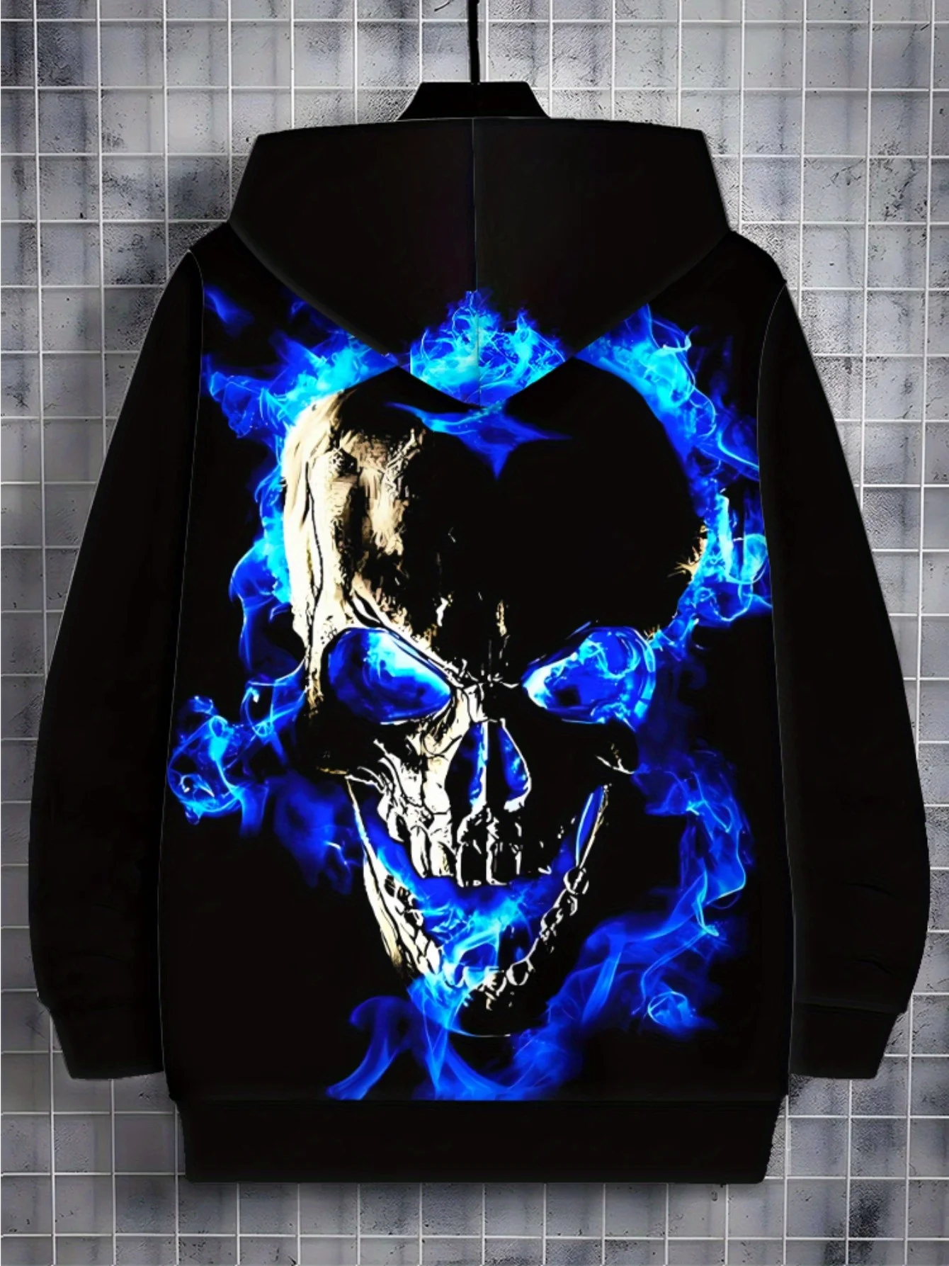 Zipper hoodie for menPolyester Hoodie with Blue Flame Skull Design for Outdoor Activities, Lightweight and Durable, Perfect for
